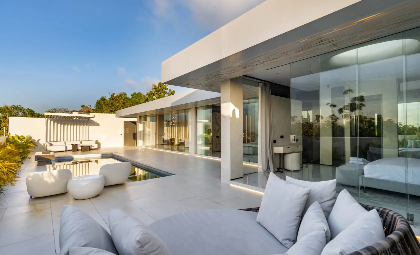Pool terrace of the two-bedroom villa at sunset